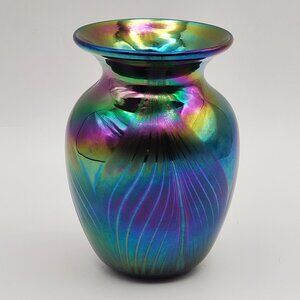 Glass Eye 1983 Vintage Iridescent Hand Blown Art Vase Signed 3.75"